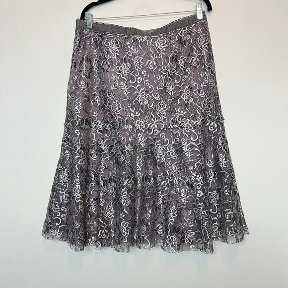 Sigrid Olsen metallic silver lace midi skirt tiered size 12 fairy whiimsygoth - Picture 6 of 9